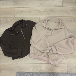 Women's Half-Zip Pullover Sweatshirt - Beige and Dark Brown